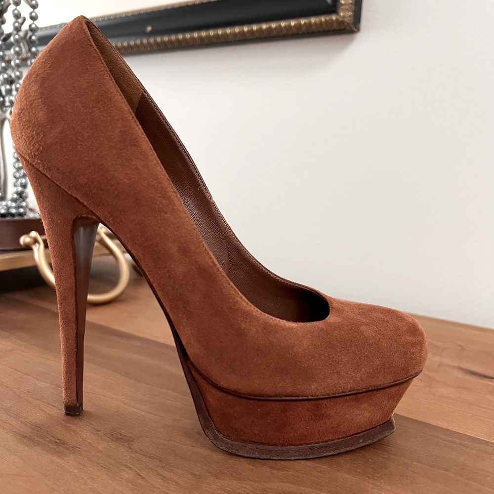 Yves Saint Laurent 105 Tribtoo Platform Pump Caramel Suede Sz 37